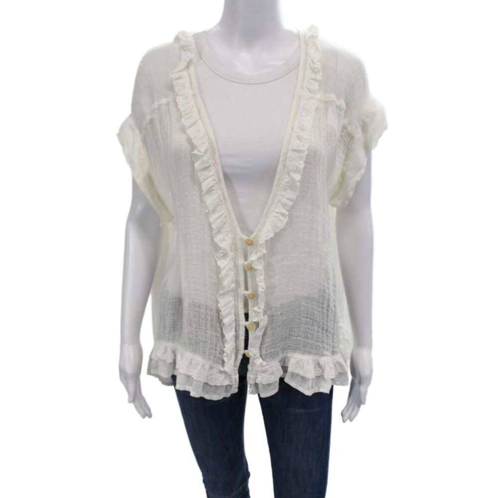 Sunday Saint Tropez Womens Linen Button Short Sleeve V-Neck Blouse White Size M